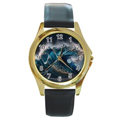 Tsunami Waves Ocean Sea Water Rough Seas 7 Round Gold Metal Watch by Ravend