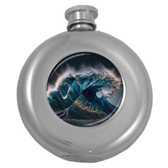 Tsunami Waves Ocean Sea Water Rough Seas 7 Round Hip Flask (5 Oz) by Ravend