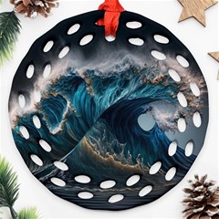 Tsunami Waves Ocean Sea Water Rough Seas 7 Ornament (round Filigree) by Ravend