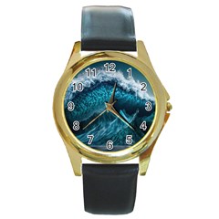 Tsunami Waves Ocean Sea Water Rough Seas 6 Round Gold Metal Watch