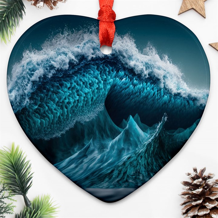 Tsunami Waves Ocean Sea Water Rough Seas 6 Heart Ornament (Two Sides)