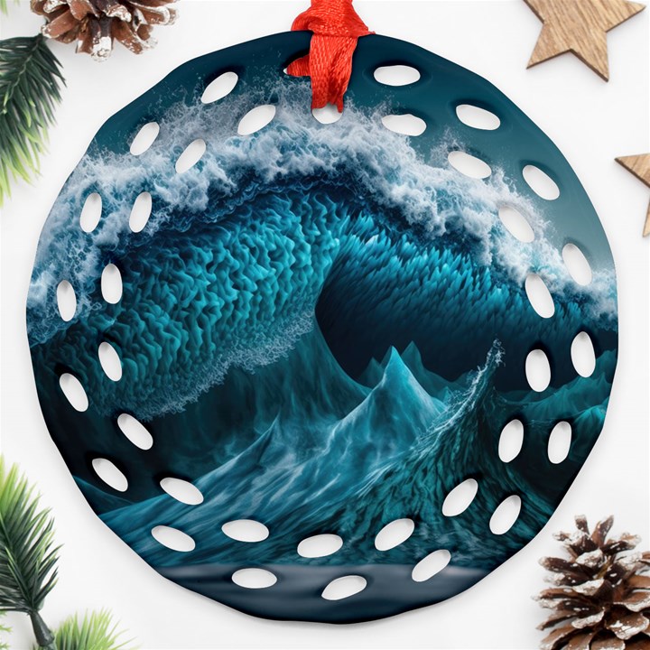 Tsunami Waves Ocean Sea Water Rough Seas 6 Ornament (Round Filigree)