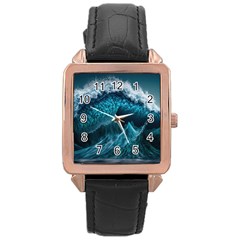 Tsunami Waves Ocean Sea Water Rough Seas 6 Rose Gold Leather Watch  by Ravend