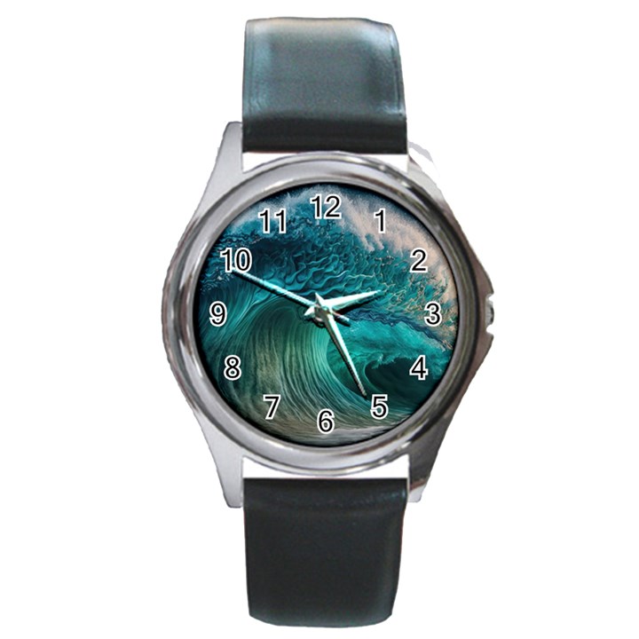 Tsunami Waves Ocean Sea Water Rough Seas 2 Round Metal Watch