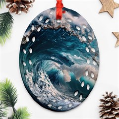 Tsunami Waves Ocean Sea Water Rough Seas 5 Ornament (oval Filigree) by Ravend