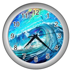 Tsunami Waves Ocean Sea Nautical Nature Water Painting Wall Clock (silver) by Ravend