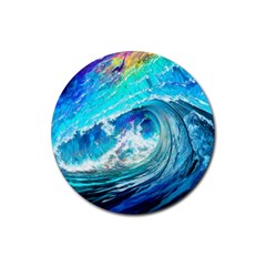 Tsunami Waves Ocean Sea Nautical Nature Water Painting Rubber Coaster (round) by Ravend