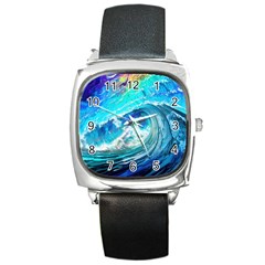 Tsunami Waves Ocean Sea Nautical Nature Water Painting Square Metal Watch by Ravend