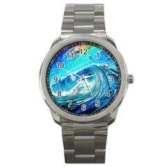 Tsunami Waves Ocean Sea Nautical Nature Water Painting Sport Metal Watch by Ravend