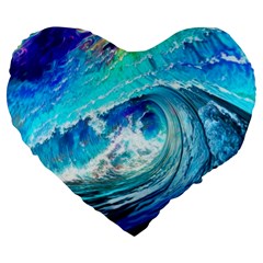 Tsunami Waves Ocean Sea Nautical Nature Water Painting Large 19  Premium Heart Shape Cushions by Ravend