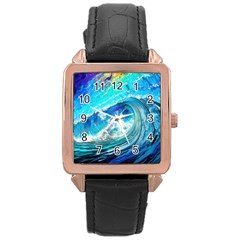 Tsunami Waves Ocean Sea Nautical Nature Water Painting Rose Gold Leather Watch  by Ravend