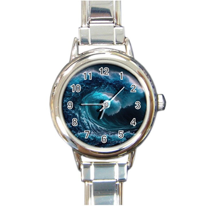 Tsunami Waves Ocean Sea Water Rough Seas 4 Round Italian Charm Watch