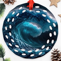 Tsunami Waves Ocean Sea Water Rough Seas 4 Round Filigree Ornament (two Sides) by Ravend