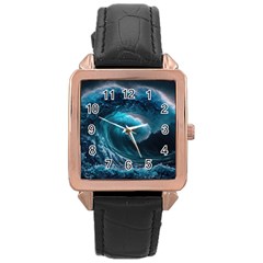 Tsunami Waves Ocean Sea Water Rough Seas 4 Rose Gold Leather Watch  by Ravend