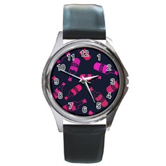 Wine Wine Bottles Background Graphic Round Metal Watch by Ravend