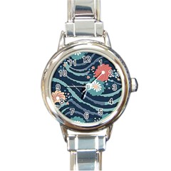 Waves Flowers Pattern Water Floral Minimalist Round Italian Charm Watch by Ravend