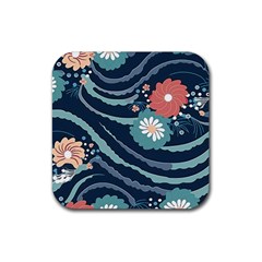 Waves Flowers Pattern Water Floral Minimalist Rubber Coaster (square) by Ravend