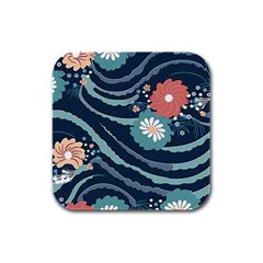 Waves Flowers Pattern Water Floral Minimalist Rubber Square Coaster (4 Pack) by Ravend