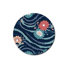 Waves Flowers Pattern Water Floral Minimalist Rubber Coaster (round) by Ravend