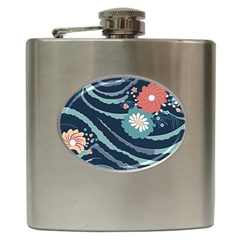 Waves Flowers Pattern Water Floral Minimalist Hip Flask (6 Oz) by Ravend