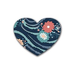 Waves Flowers Pattern Water Floral Minimalist Rubber Coaster (heart) by Ravend