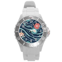 Waves Flowers Pattern Water Floral Minimalist Round Plastic Sport Watch (l) by Ravend