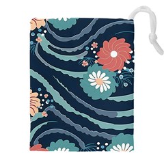 Waves Flowers Pattern Water Floral Minimalist Drawstring Pouch (5xl) by Ravend