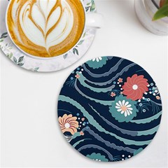 Waves Flowers Pattern Water Floral Minimalist Uv Print Round Tile Coaster by Ravend