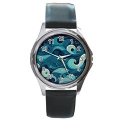 Waves Ocean Sea Abstract Whimsical Abstract Art Round Metal Watch by Ravend