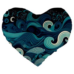 Waves Ocean Sea Abstract Whimsical Abstract Art Large 19  Premium Flano Heart Shape Cushions by Ravend