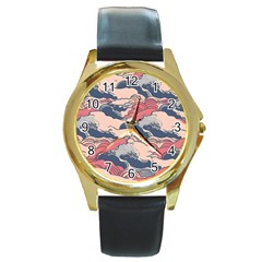 Waves Ocean Sea Water Pattern Rough Seas Round Gold Metal Watch by Ravend