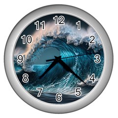 Tsunami Waves Ocean Sea Water Rough Seas Wall Clock (silver) by Ravend