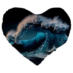 Tsunami Waves Ocean Sea Water Rough Seas Large 19  Premium Flano Heart Shape Cushions by Ravend