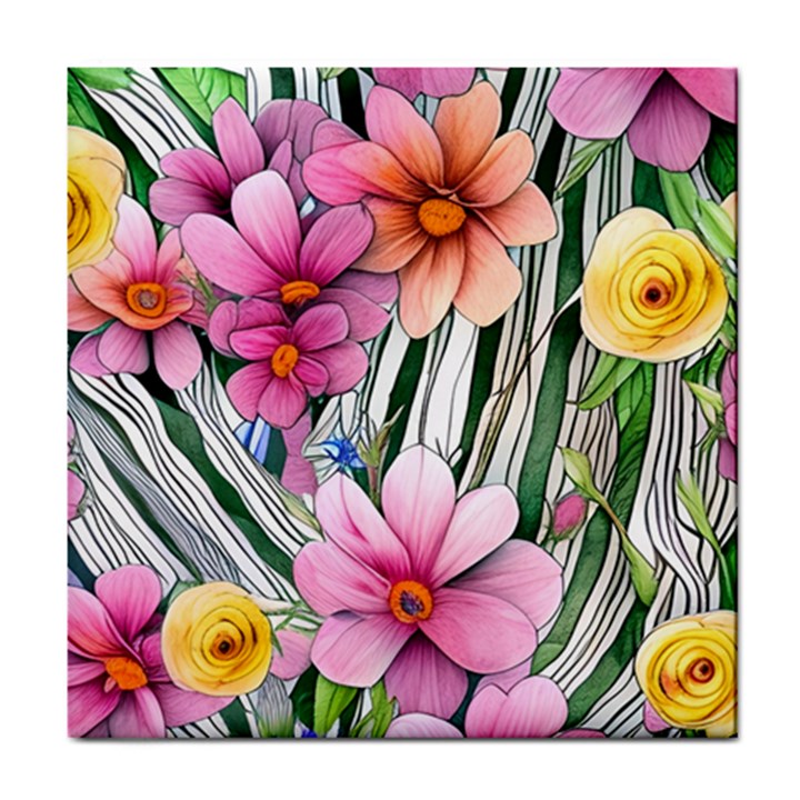 Beautiful Big Blooming Flowers Watercolor Tile Coaster