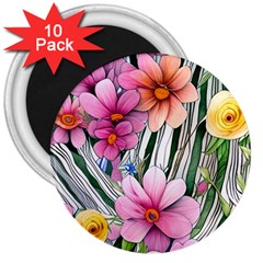 Beautiful Big Blooming Flowers Watercolor 3  Magnets (10 Pack)  by GardenOfOphir