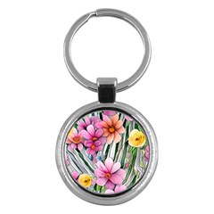 Beautiful Big Blooming Flowers Watercolor Key Chain (round) by GardenOfOphir