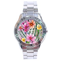 Beautiful Big Blooming Flowers Watercolor Stainless Steel Analogue Watch by GardenOfOphir