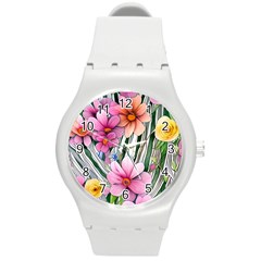 Beautiful Big Blooming Flowers Watercolor Round Plastic Sport Watch (m) by GardenOfOphir