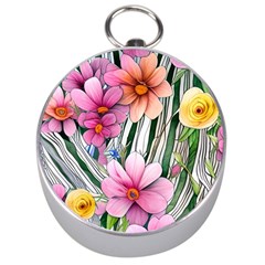 Beautiful Big Blooming Flowers Watercolor Silver Compasses by GardenOfOphir