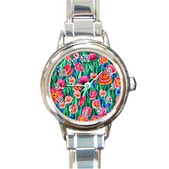 Blossom-filled Watercolor Flowers Round Italian Charm Watch by GardenOfOphir