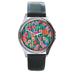 Blossom-filled Watercolor Flowers Round Metal Watch by GardenOfOphir