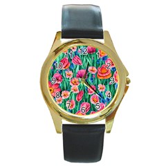 Blossom-filled Watercolor Flowers Round Gold Metal Watch by GardenOfOphir