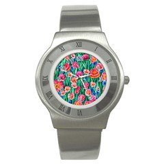 Blossom-filled Watercolor Flowers Stainless Steel Watch by GardenOfOphir