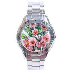 Azure Watercolor Flowers Stainless Steel Analogue Watch by GardenOfOphir