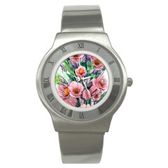 Azure Watercolor Flowers Stainless Steel Watch by GardenOfOphir