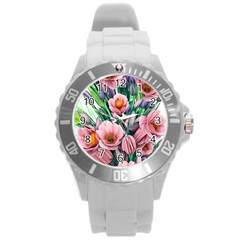 Azure Watercolor Flowers Round Plastic Sport Watch (l) by GardenOfOphir