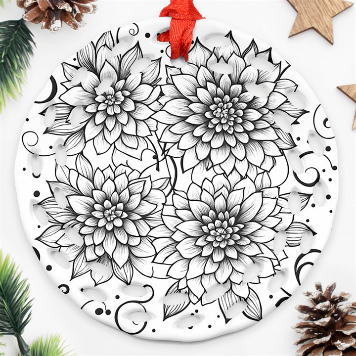 Flowers Template Line Art Pattern Coloring Page Ornament (Round Filigree)