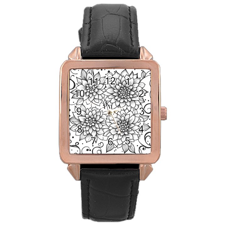 Flowers Template Line Art Pattern Coloring Page Rose Gold Leather Watch 