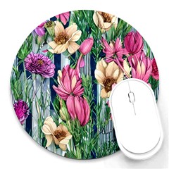 Big And Bright Watercolor Flowers Round Mousepad