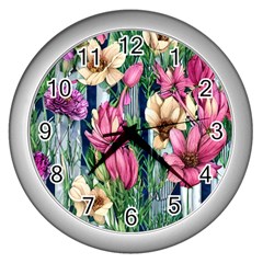 Big And Bright Watercolor Flowers Wall Clock (silver) by GardenOfOphir